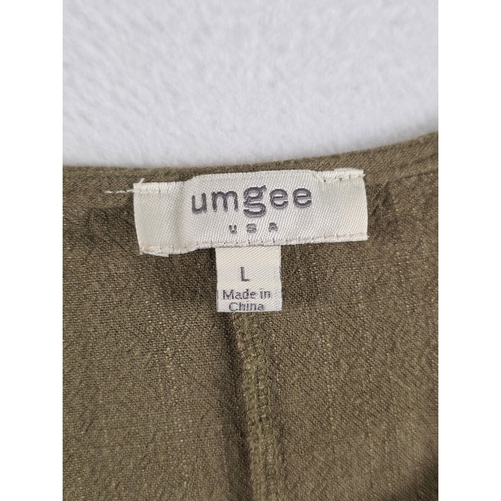 Umgee Metallic Leopard Tiered Fringe Sleeve Large Olive Green Boho Linen Cotton - Picture 4 of 7